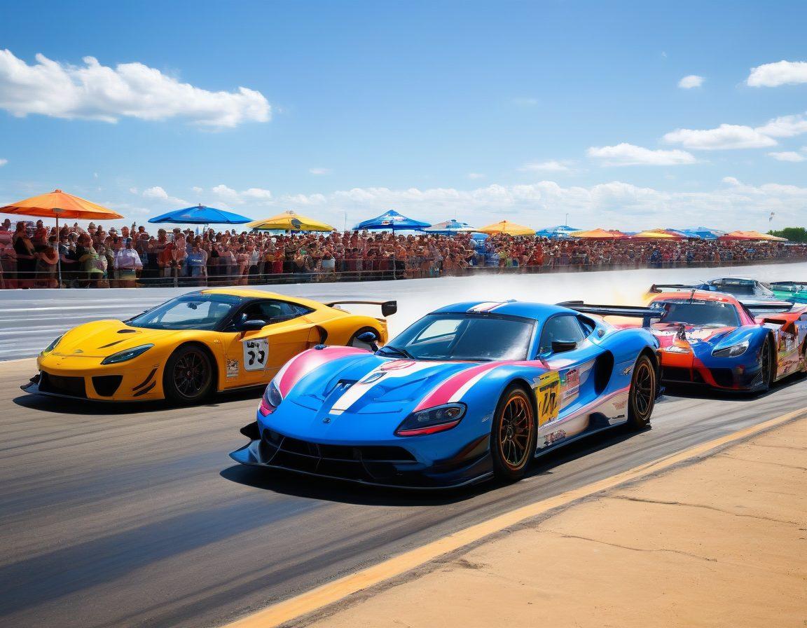 A dynamic scene showcasing both swimwear and motor racing elements side by side, highlighting a sun-soaked day at Mid America Motorplex. To one side, a vibrant beach area with colorful swimwear-clad enthusiasts, while on the other, adrenaline-fueled speedway activity with sleek race cars and cheering spectators. The background features a clear blue sky to embody summer fun and excitement. super-realistic. vibrant colors.