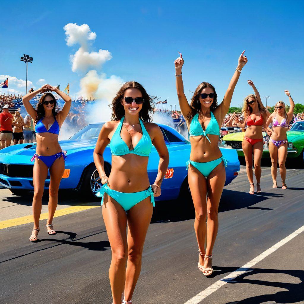A thrilling summer scene showcasing a bikini contest on a vibrant race track at Mid America Motorplex, with contestants in colorful swimsuits, spectators cheering excitedly in the background, and powerful race cars performing burnouts. The sun shines brightly, creating a lively atmosphere filled with energy, laughter, and excitement. Bright blue skies and lush green surroundings enhance the summer vibe. super-realistic. vibrant colors.