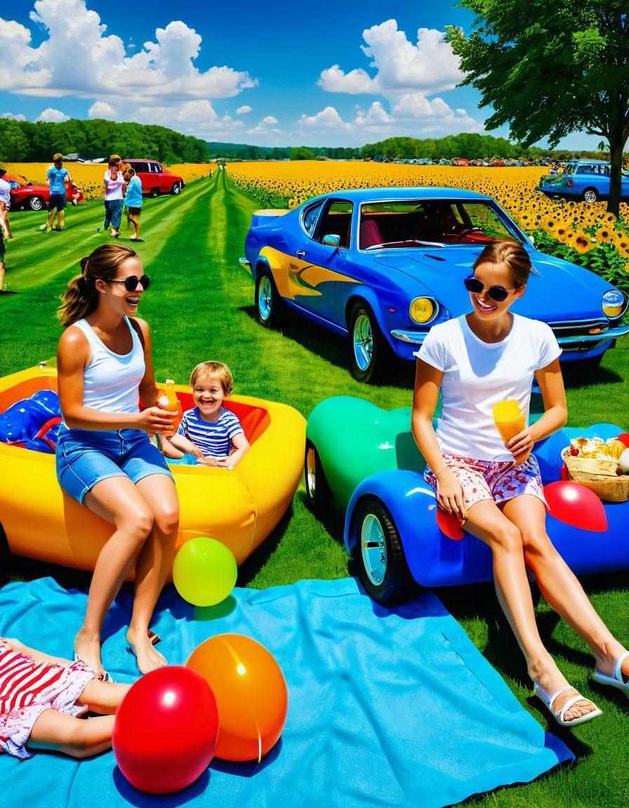 A vibrant summer scene featuring a family enjoying a fun day at a racing event, with colorful race cars zooming by in the background. Children are playing with beach balls and enjoying ice cream, while adults relax on picnic blankets. Bright sunflowers and green grass create a cheerful atmosphere, embodying a blend of excitement and relaxation. The sky is a brilliant blue with fluffy white clouds. super-realistic. vibrant colors.